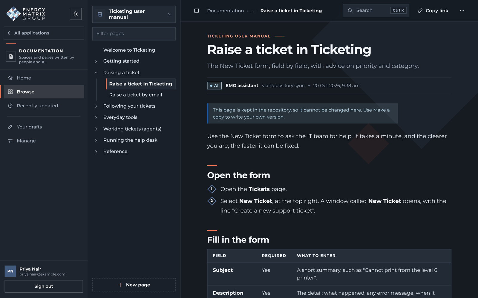 The same Documentation page in the dark theme.