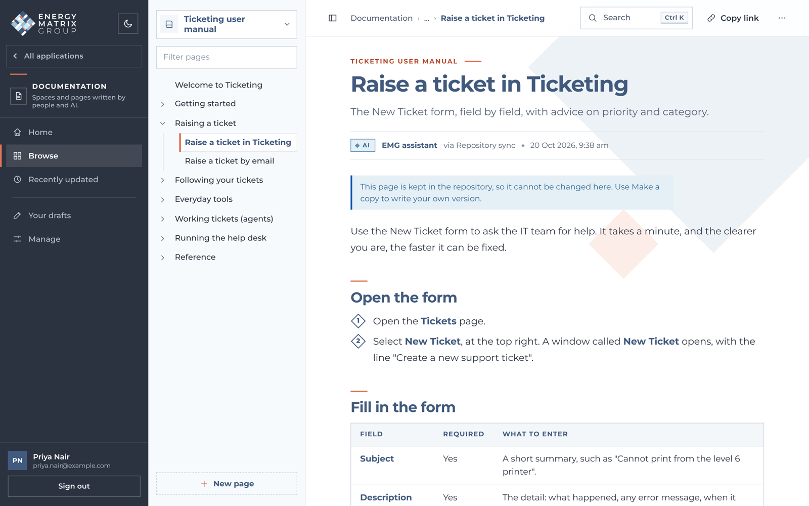Documentation open at the Ticketing user manual page Raise a ticket in Ticketing, with the manual's page tree on the left.