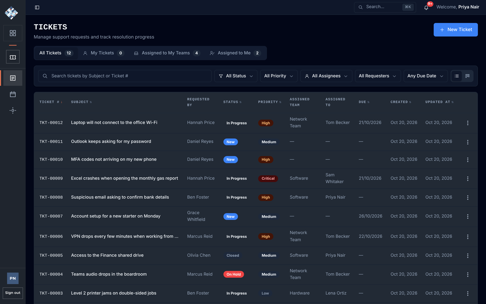The Ticketing tickets list in the dark theme.