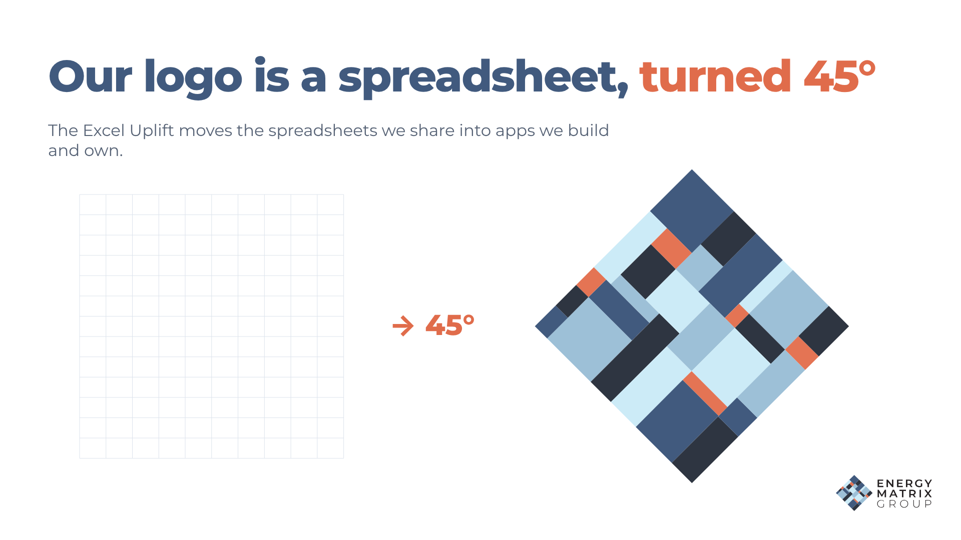 Slide: Our logo is a spreadsheet, turned 45 degrees, with a grid and the mark side by side.