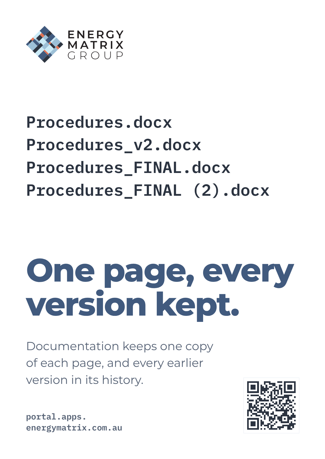 Poster: four versions of a procedures document. One page, every version kept.
